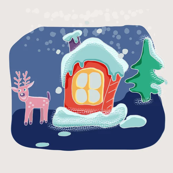 Lindo vector paisaje de dibujos animados de invierno con divertida casita en — Vector de stock