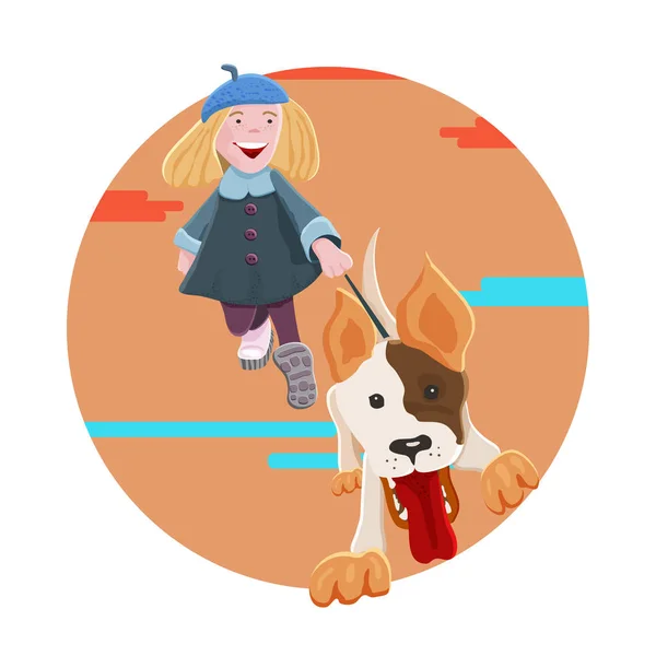 Funny blonde teen girl walking  a dog. Autumn theme. Vector cart — Stock Vector