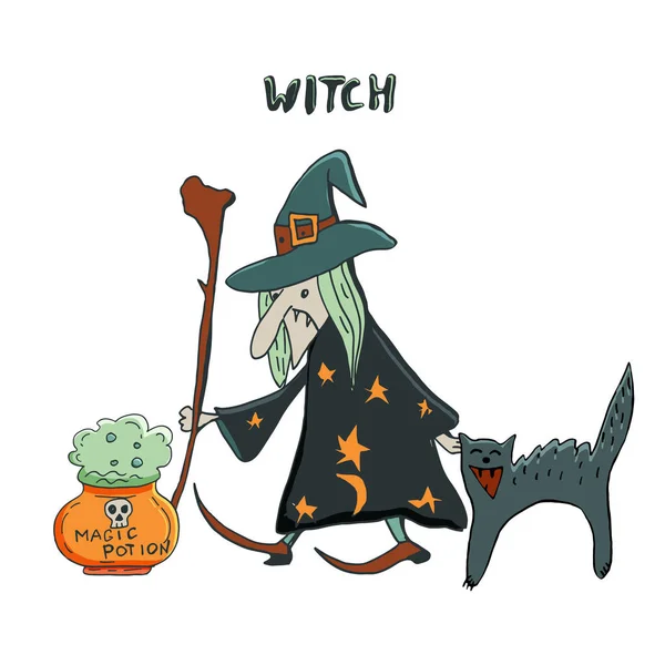 Niedlichen Halloween-Charakter. Vektorillustration der Hexe, schwarz ca — Stockvektor
