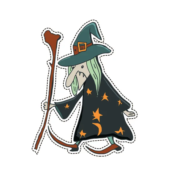 Lindo personaje de Halloween pegatina. Ilustración vectorial de bruja . — Vector de stock