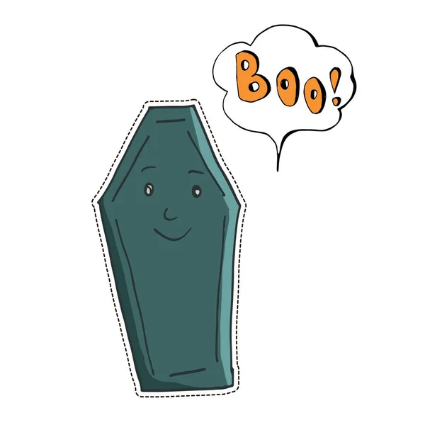 Cute Halloween character sticker. Vector illustration of coffin — Stock Vector