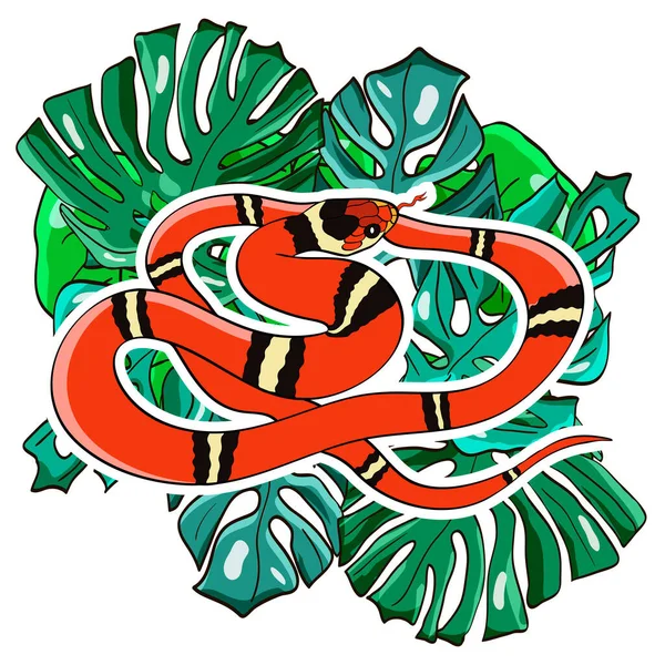Ερπετό Εικονογράφηση Κινουμένων Σχεδίων Κοραλί Φίδι Στα Φύλλα Φοίνικα Εικονογράφηση — Διανυσματικό Αρχείο