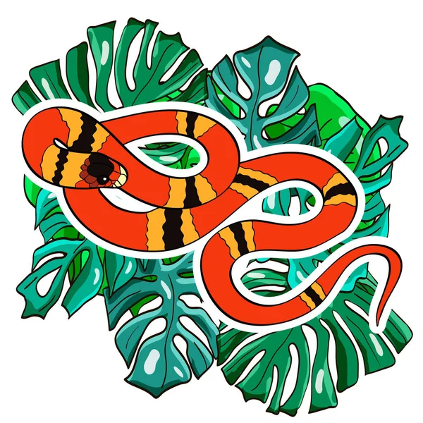 Ερπετό Εικονογράφηση Κινουμένων Σχεδίων Κοραλί Φίδι Στα Φύλλα Φοίνικα Εικονογράφηση — Διανυσματικό Αρχείο