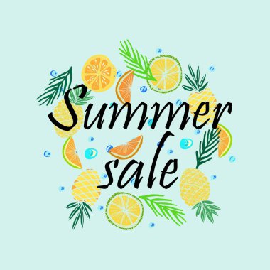 Yaz indirimi, indirimli afişler sulu ananas, grunge unsurları olan narenciye mürekkep damlaları, tropikal bitkiler, soyut arka plan. Vektör illüstrasyonu