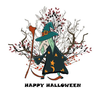 Cadılar Bayramı kartı. Yaşlı cadı. Vektör illüstrasyonu.