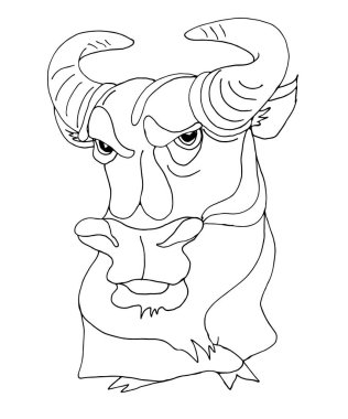 Vektör el, Çin takviminde 2021 'in sembolü olan bir boğanın resimlerini çizdi. Siyah ve beyaz çizgi çizimi.