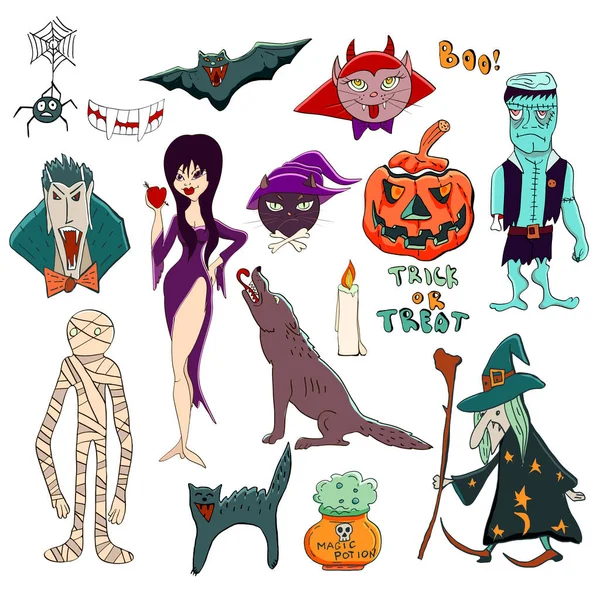 Set Vettoriale Halloween Personaggi Halloween Come Vampiro Dracula Vecchia Strega — Vettoriale Stock