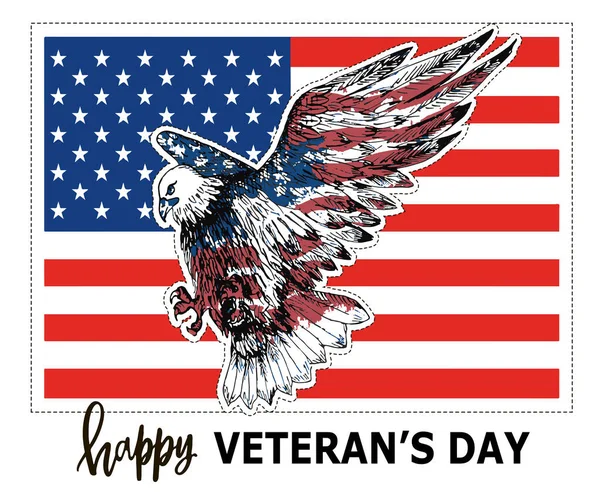 Feliz Día Los Veteranos Águila Calva Americana Bandera Texto Feliz — Vector de stock