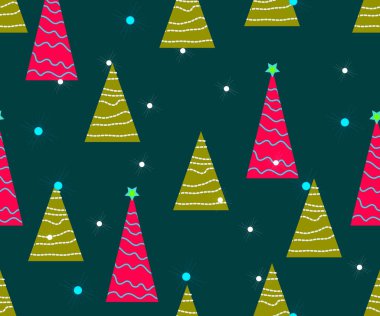 Kusursuz bir Noel deseni. Sevimli vektör şenlik arka planı klasik Noel süslemeleri, stilize Noel ağacı, tatil kış süslemeleri için ışıklandırma..