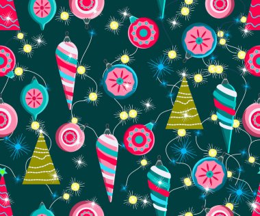 Kusursuz bir Noel deseni. Sevimli vektör şenlik arka planı klasik Noel süslemeleri, stilize Noel ağacı, tatil kış süslemeleri için ışıklandırma..