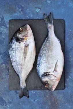 Kuşkonmaz, domates ve baharat bir beton zemin üzerine taze, çiğ Dorado balık. Yemek pişirmek için malzemeler.