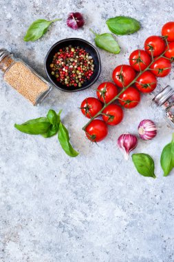 Yemek pişirmek için İtalyan malzemeler. Metin için yer bir beton zemin üzerine baharat. Üstten görünüm.