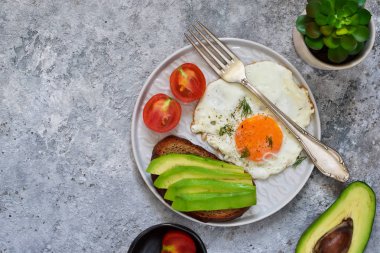 Klasik kahvaltı: avokado, yumurta ve sebze bir beton zemin üzerine tost.