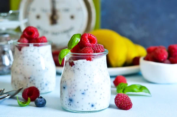Yogurt Alla Vaniglia Con Lamponi Banana Colazione Pasti Dietetici — Foto Stock