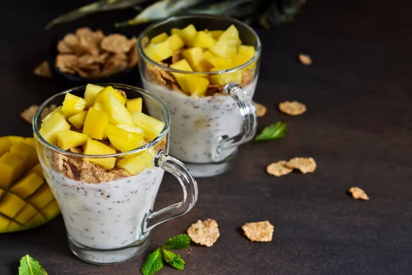 Zomer Licht Dessert Yoghurt Met Chia Muesli Een Verscheidenheid Aan — Stockfoto