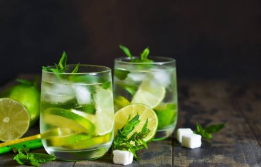 Nane ve limon karanlık bir arka plan ile soğuk alkol mahito. Yaz içeceği.