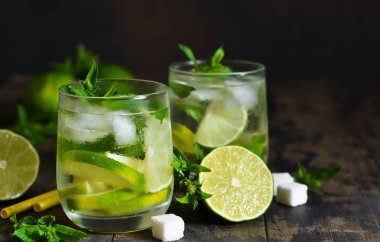 Nane ve limon karanlık bir arka plan ile soğuk alkol mahito. Yaz içeceği.