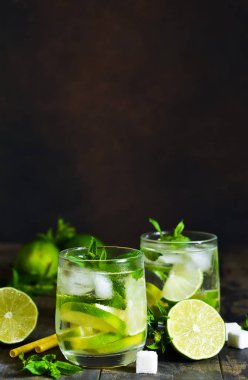 Nane ve limon karanlık bir arka plan ile soğuk alkol mahito. Yaz içeceği.