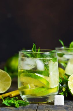 Nane ve limon karanlık bir arka plan ile soğuk alkol mahito. Yaz içeceği.