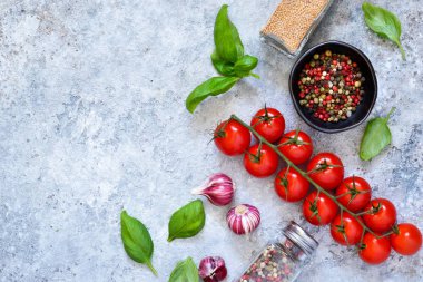 Yemek pişirmek için İtalyan malzemeler. Metin için yer bir beton zemin üzerine baharat. Üstten görünüm.