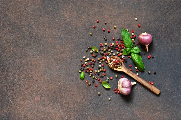 Marco Alimenticio Fondo Alimenticio Especias Pimienta Ajo Albahaca Ingredientes Para — Foto de Stock