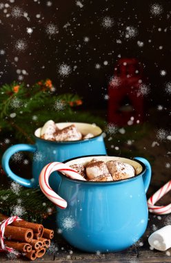 Sıcak çikolata geleneksel bir kış içeceğidir. Noel arkaplanı.