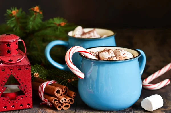 Hot chocolate is a traditional winter drink. Christmas background.