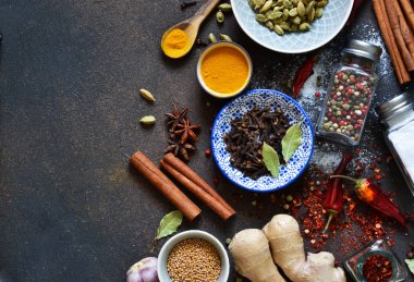 Asya Mix baharat: biber, zencefil, sarımsak, kakule, tarçın. Baharat yemek pişirmek için bir dizi.