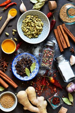 Asya Mix baharat: biber, zencefil, sarımsak, kakule, tarçın. Baharat yemek pişirmek için bir dizi.