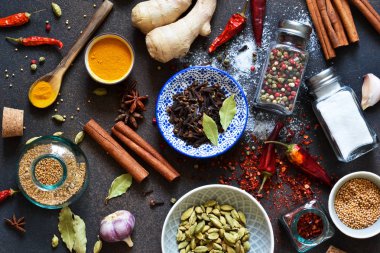 Asya Mix baharat: biber, zencefil, sarımsak, kakule, tarçın. Baharat yemek pişirmek için bir dizi.