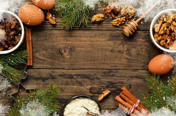 Christmas Card Decorations Wooden Background Christmas Baking Cooking Process — Stock Photo, Image