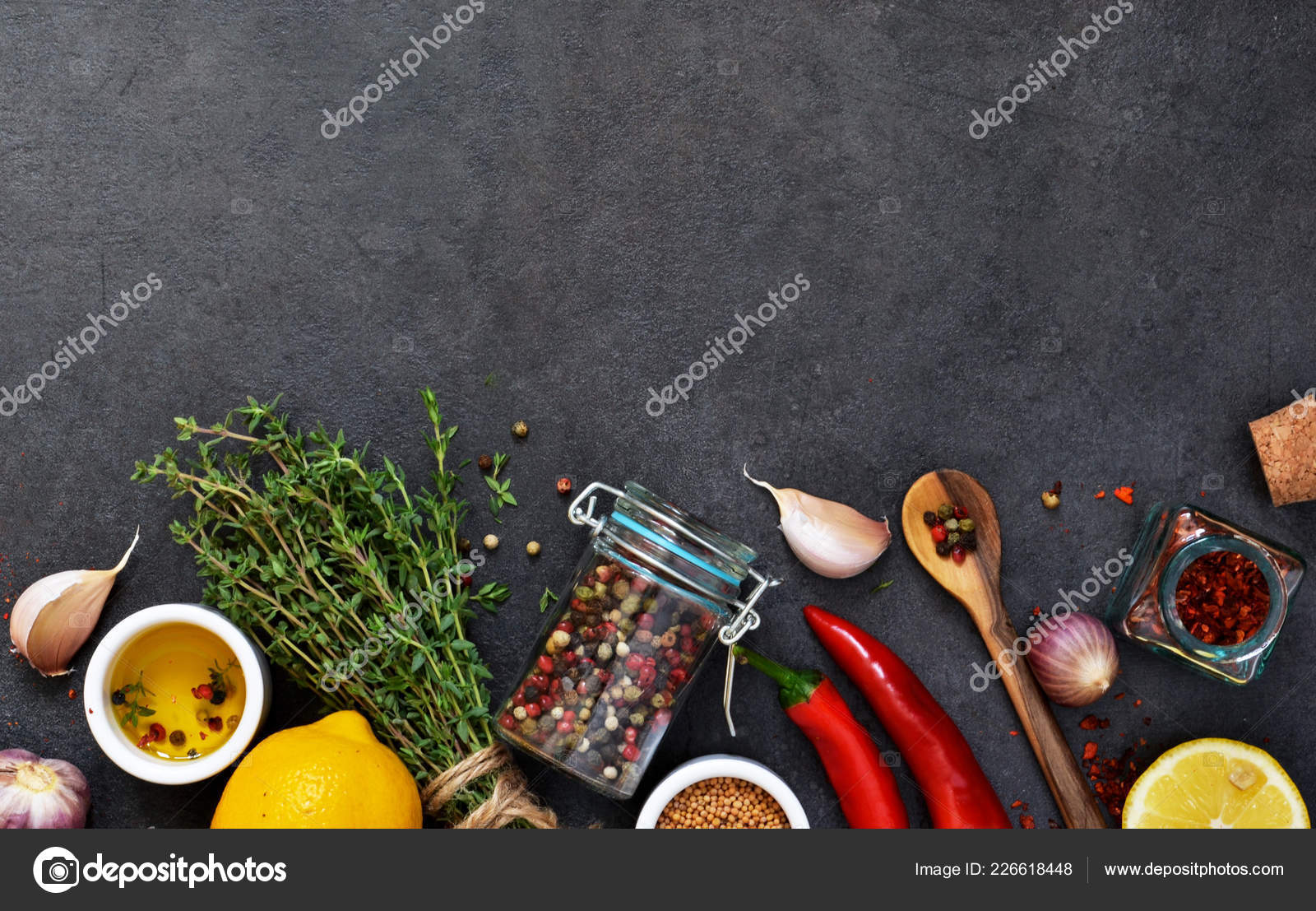 Different Spices Marinade Rosemary Thyme Pepper Garlic Lemon Olive Oil Stock Photo by