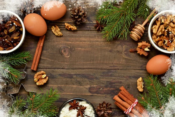 Christmas Card Decorations Wooden Background Christmas Baking Cooking Process — Stock Photo, Image
