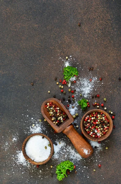 Berbagai rempah-rempah pada latar belakang beton. Garam. Pepper . — Stok Foto