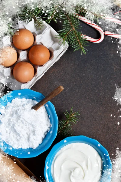 Ingredients Baking Christmas Card Decorations Concrete Background Christmas Baking Cooking — Stock Photo, Image