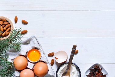 Pişirme için süslemeler ile Noel kartı. Noel arka plan metin için yer ile. Üstten görünüm