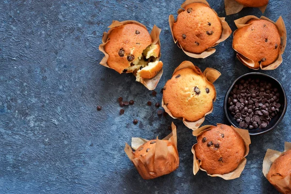 Vanilkové muffiny v papírové podobě s kapkami čokolády — Stock fotografie