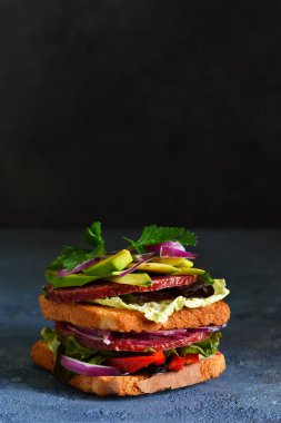 Mutfakta salam, salata ve sebzeli çıtır sandviç