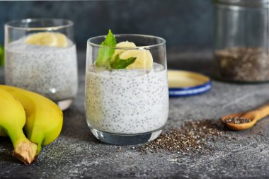 Kahvaltıda chia tohumu ve muz ile yoğurt.