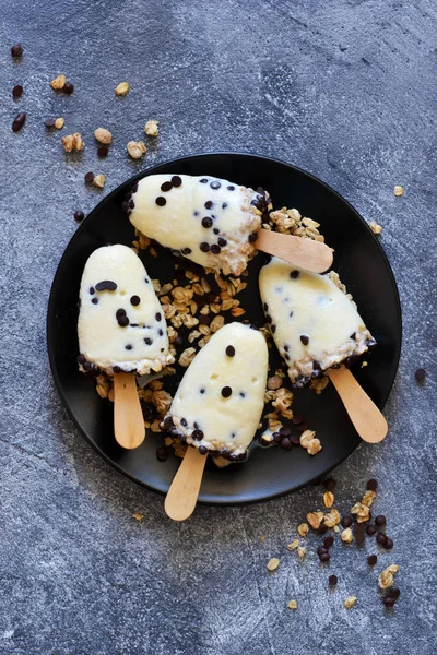 Vanilla ice cream with chocolate drops and granola