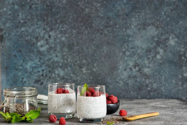 Chia pudding met yoghurt en frambozen in een glas — Stockfoto