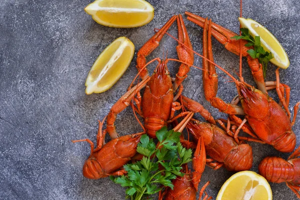 Gamberi bolliti con spezie sul tavolo della cucina. Vista da abov — Foto Stock