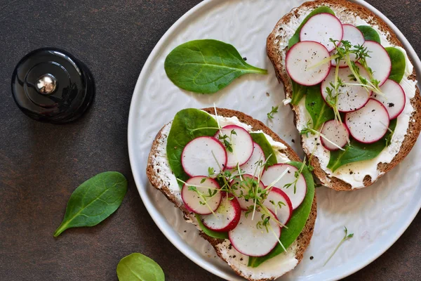 Bread toast with cheese, spinach, radish and cress