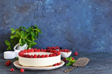 Bir taş arka planda ahududu ile vanilya cheesecake. 
