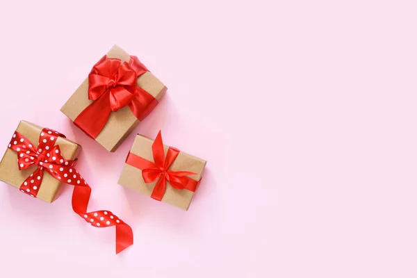 Beautiful Composition Gifts Red Ribbons Pink Background Box Presents Top — Stock Photo, Image