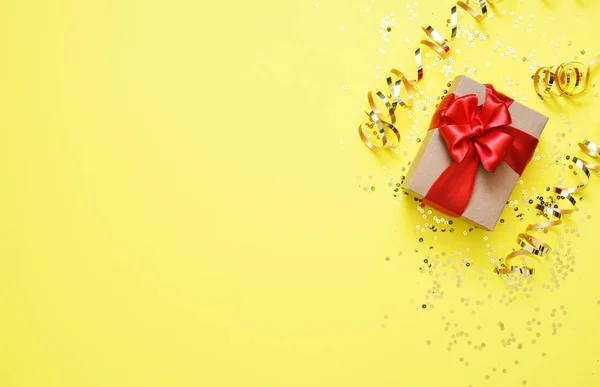 Many Boxes Gifts Red Ribbons Yellow Background View — Stock Photo, Image