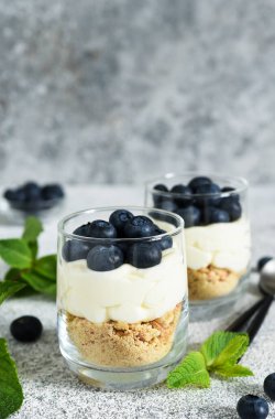 Açık beton arka planda bir bardakta kurabiye ve dutlu cheesecake.