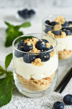 Açık beton arka planda bir bardakta kurabiye ve dutlu cheesecake.