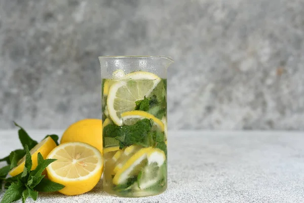 Lemonade Syrup Mint Glass Cup Concrete Background — Stock Photo, Image