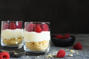 Beton arka planda bir bardakta ahudududulu cheesecake. Klasik tatlı..